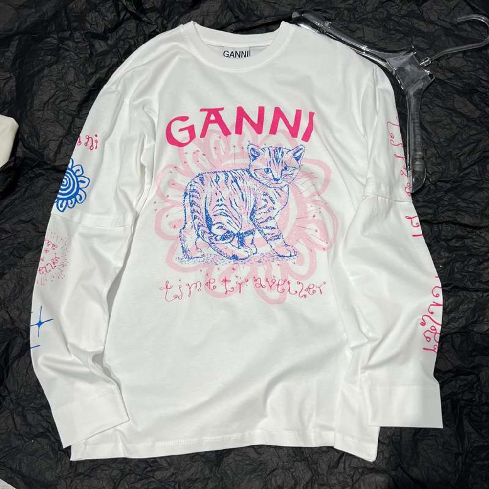 Ganni White Long-Sleeve Graphic Sweatshirt with Pink & Blue Print